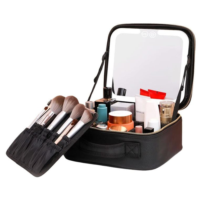 The UNIQ LED Makeup Travel Case with Mirror by UNIQ is a black portable cosmetic organizer bag that features elastic brush slots and compartments for bottles, jars, and tubes—making it perfect for keeping your essentials organized on the go.