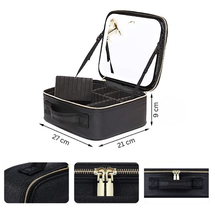 The UNIQ LED Makeup Travel Case with Mirror by UNIQ is a spacious black rectangular cosmetic organizer (27x21x9 cm) featuring compartments, quality zipper, sturdy handle, and detailed stitching—perfect for travel.