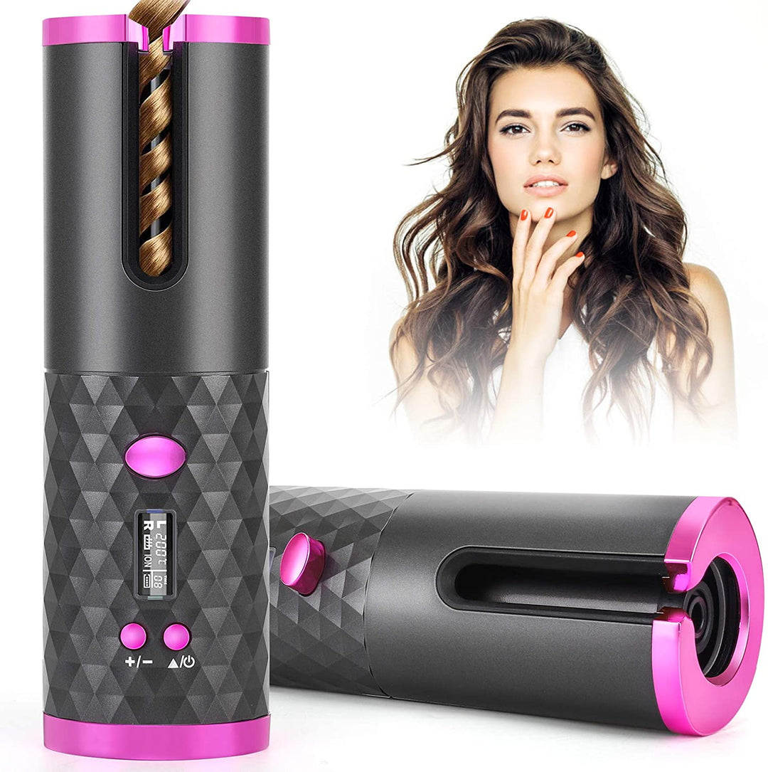 The Fashiongirl Cordless Automatic Hair Curler is featured in black and pink with a wavy hair strand inside, while a smiling woman with styled waves and manicured nails poses in the background.