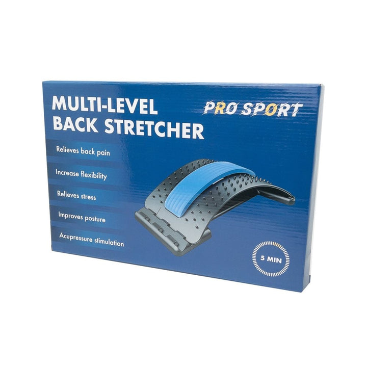A blue and white box labeled Fashiongirl Pro Back Stretcher shows a black and blue stretcher and highlights pain relief, improved flexibility, stress relief, posture correction, and lumbar support.