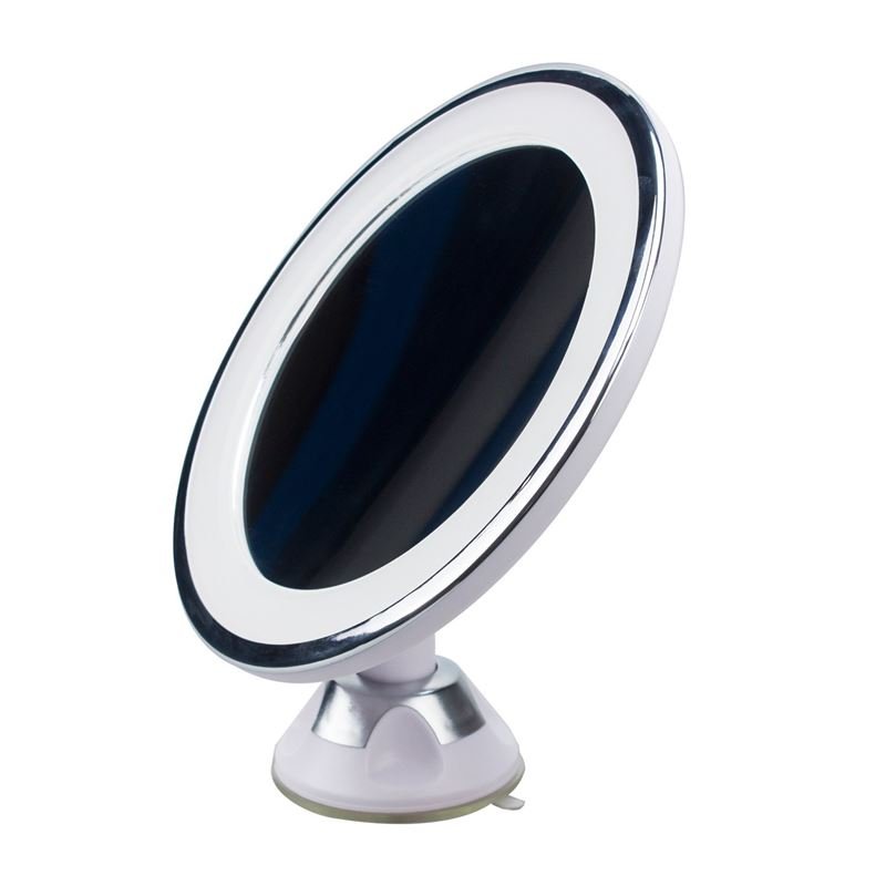 The UNIQ PRO BEAUTY Bathroom Mirror features a white frame, built-in LED light ring, 10x magnification, and a sturdy suction-cup base—perfect for detailed makeup application.