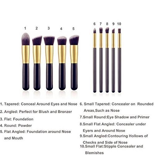 The PRO Makeup Brush Set Black/Gold includes 10 premium kabuki and precision brushes with black handles and gold ferrules, each labeled 1–10, designed by PRO for flawless makeup application on various facial areas.