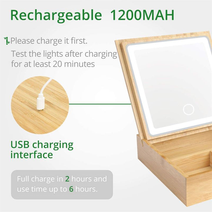UNIQ 2 - in - 1 LED mirror jewellery box / organiser - Beautiful bamboo box for makeup and jewellery - | Fashiongirl