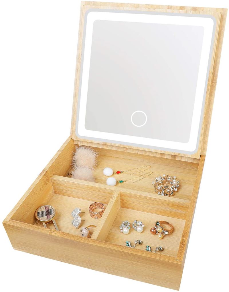 UNIQ 2 - in - 1 LED mirror jewellery box / organiser - Beautiful bamboo box for makeup and jewellery -
