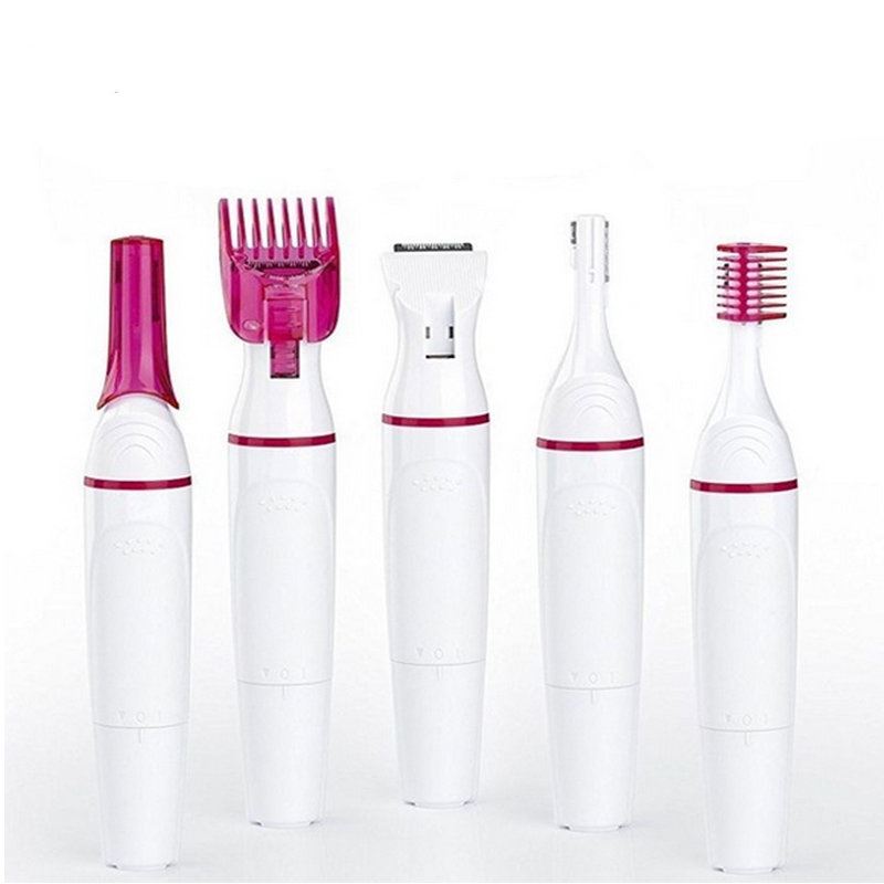 Five UNIQ 5-in-1 Trimmers for Eyebrows, Nose, Bikini Line, and Face Epilator by UNIQ, with multiple detachable heads, are arranged upright in a row on a white background for painless hair removal.