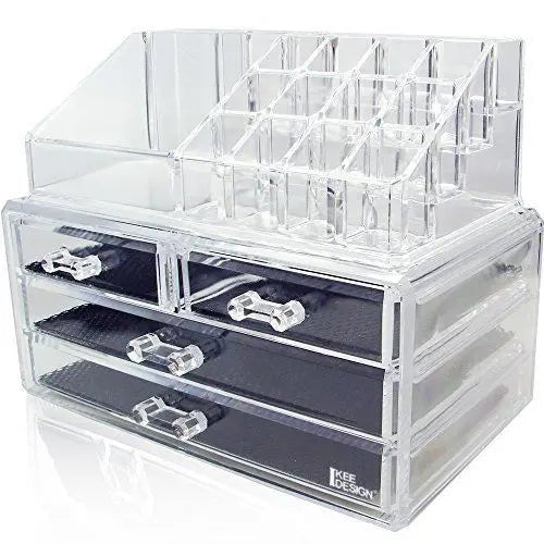 The UNIQ Acrylic Jewelry/Makeup Organizer with 4 Drawers (SF 1155) features open top slots and clear-handled pull-out drawers, ideal for cosmetics, jewelry, or office supplies. Durable and stylish design from UNIQ.
