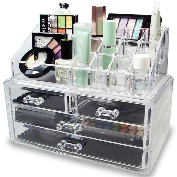 The UNIQ Acrylic Jewelry/Makeup Organizer with 4 Drawers (SF 1155) by UNIQ provides convenient storage for eyeshadows, lipsticks, foundation, skincare, and also doubles as a jewelry organizer with multiple compartments and drawers.