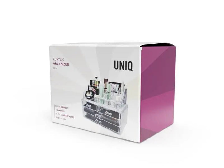 A retail box for the UNIQ Acrylic Jewelry/Makeup Organizer with 4 Drawers (SF 1155) displays the clear organizer filled with cosmetics. The mainly white box features purple accents, product details, and the UNIQ brand on the front.