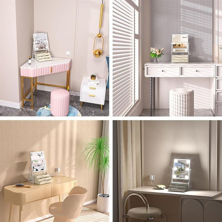 UNIQ Glasgow Vanity Makeup Mirror with 6 LED Bulbs and 3 Jewellery Storage Drawers - | Fashiongirl