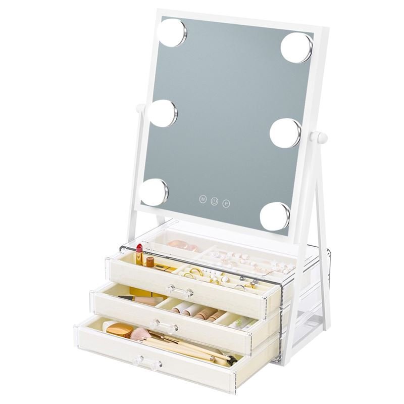UNIQ Glasgow Vanity Makeup Mirror with 6 LED Bulbs and 3 Jewellery Storage Drawers - | Fashiongirl