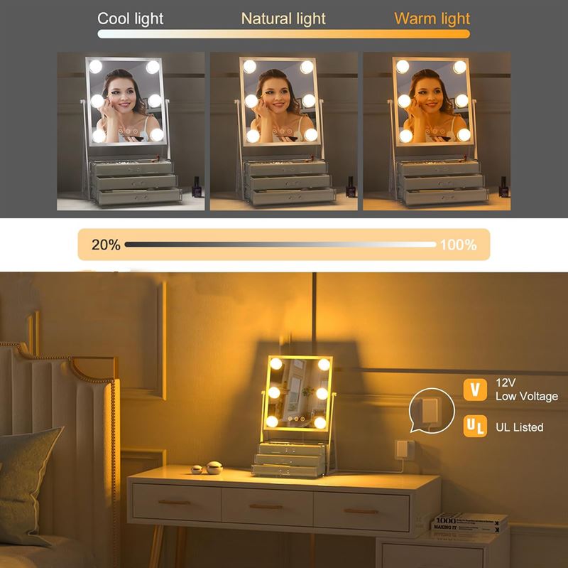 UNIQ Glasgow Vanity Makeup Mirror with 6 LED Bulbs and 3 Jewellery Storage Drawers - | Fashiongirl