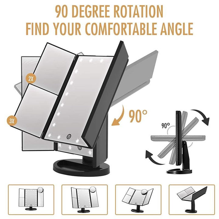 UNIQ Hollywood Makeup Mirror Trifold mirror with LED light, Black - | Fashiongirl