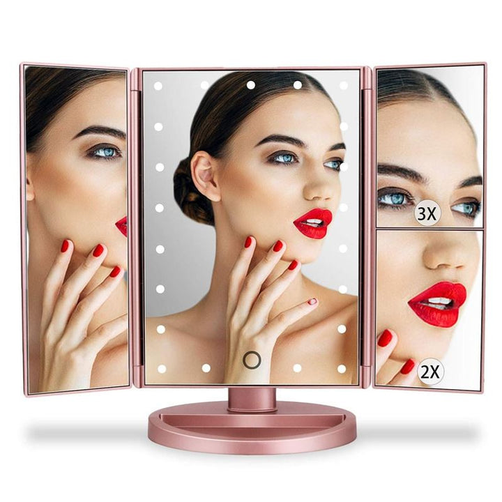 UNIQ Hollywood Makeup Mirror Trifold mirror with LED light, RoseGold - | Fashiongirl