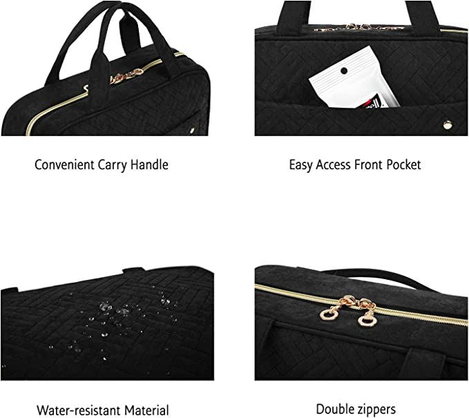 Collage displays features of the UNIQ Travel Toiletry Bag: black waterproof material with droplets, branded carry handle, easy-access front pocket with a white item, and two gold double zippers.