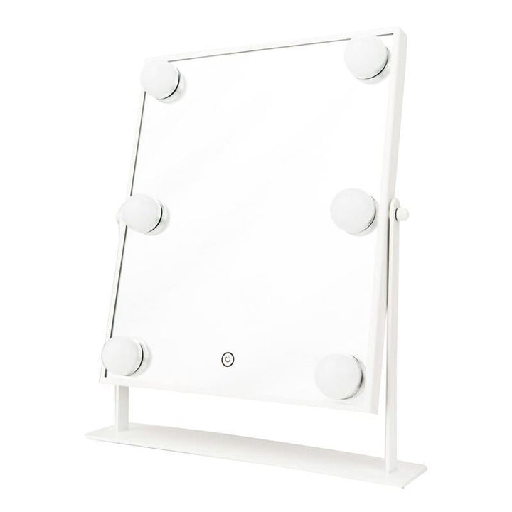 The UNIQ XL Hollywood make-up mirror by UNIQ features a white, rectangular design with 6 LED bulbs, a touch function, and is supported by a minimal white stand.