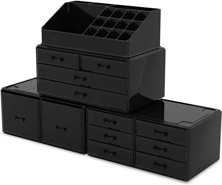 The UNIQ XXL Organiser in black features 12 drawers and 16 compartments arranged in two tiers, with open slots on top and various drawer sizes below—ideal for storing beauty essentials like an acrylic makeup organiser.