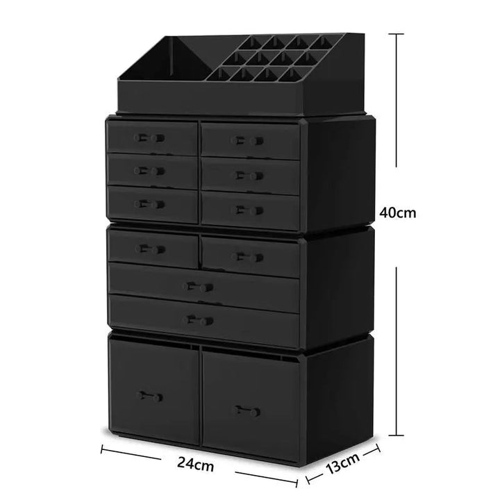 The UNIQ XXL Organiser with 12 drawers and 16 compartments in black is ideal as a beauty organiser. Dimensions: 40 cm (H) x 24 cm (W) x 13 cm (D).