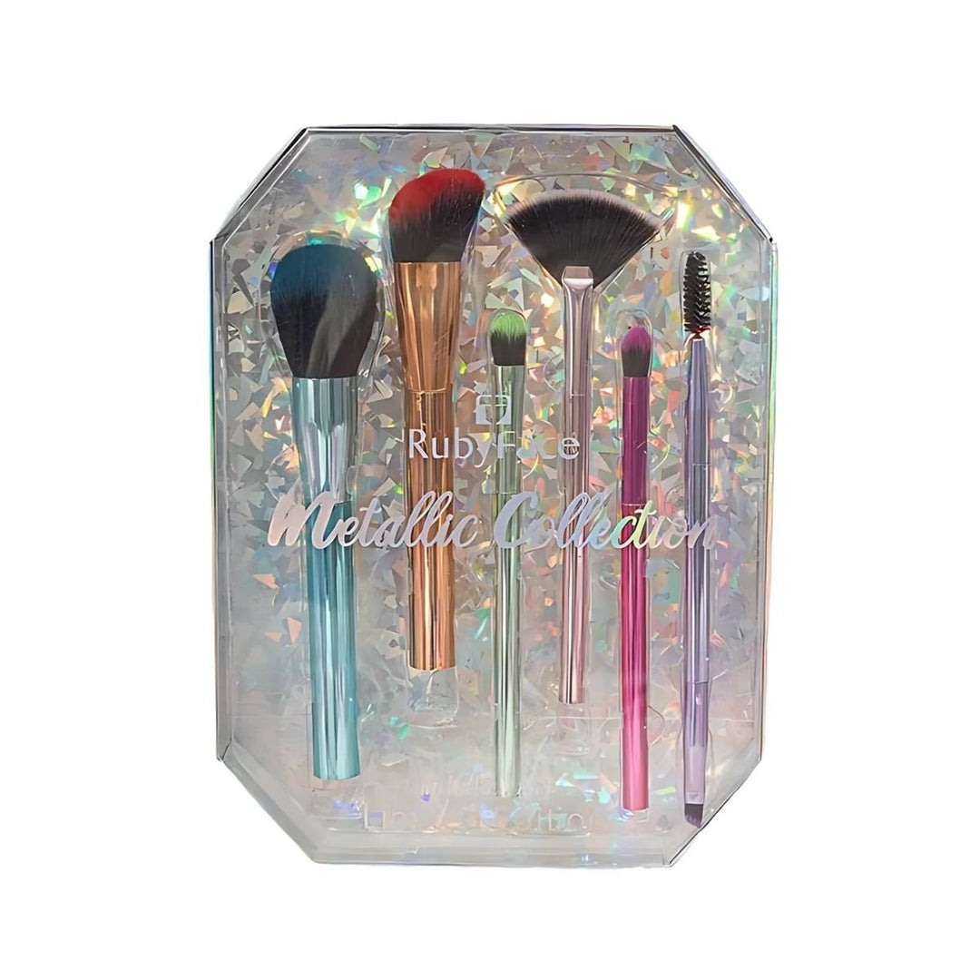 RubyFace Metallic Collection - Colourful Makeup Brushes in 6 pcs. - Fashiongirl