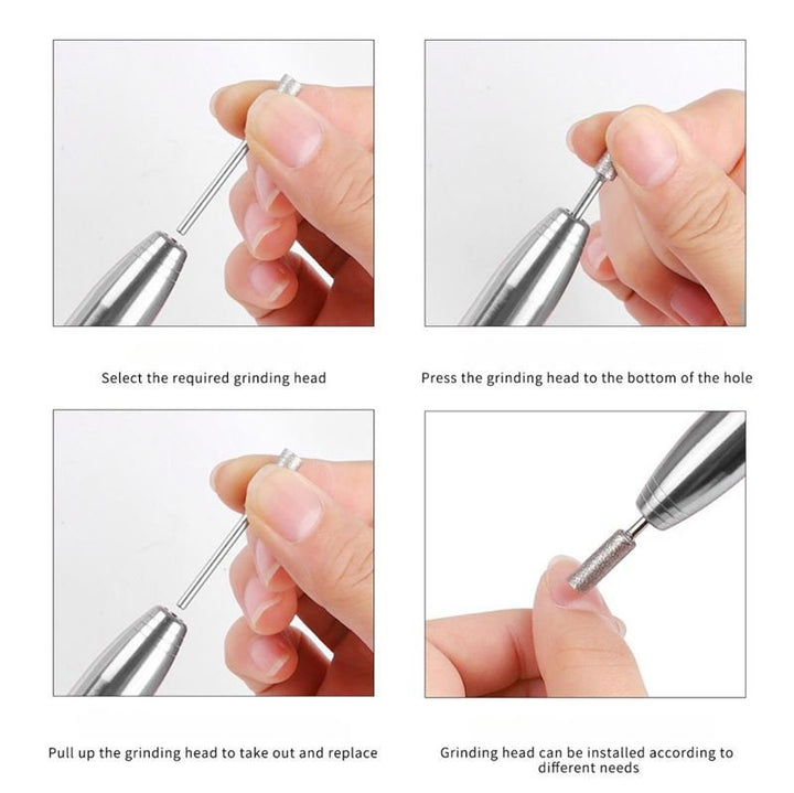 Four-step visual guide for the UNIQ Compact Electric Nail File Kit by UNIQ: shows hands selecting, inserting, removing, and replacing the grinding head—each step features correct hand positions and visible parts of this portable manicure tool.