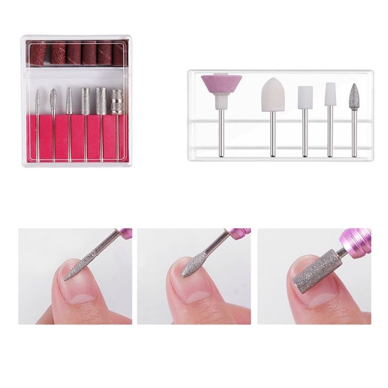The UNIQ Compact Electric Nail File Kit by UNIQ includes six drill bits in a clear case, plus sanding bands, shown in use on fingernails—your portable solution for flawless manicures and pedicures.