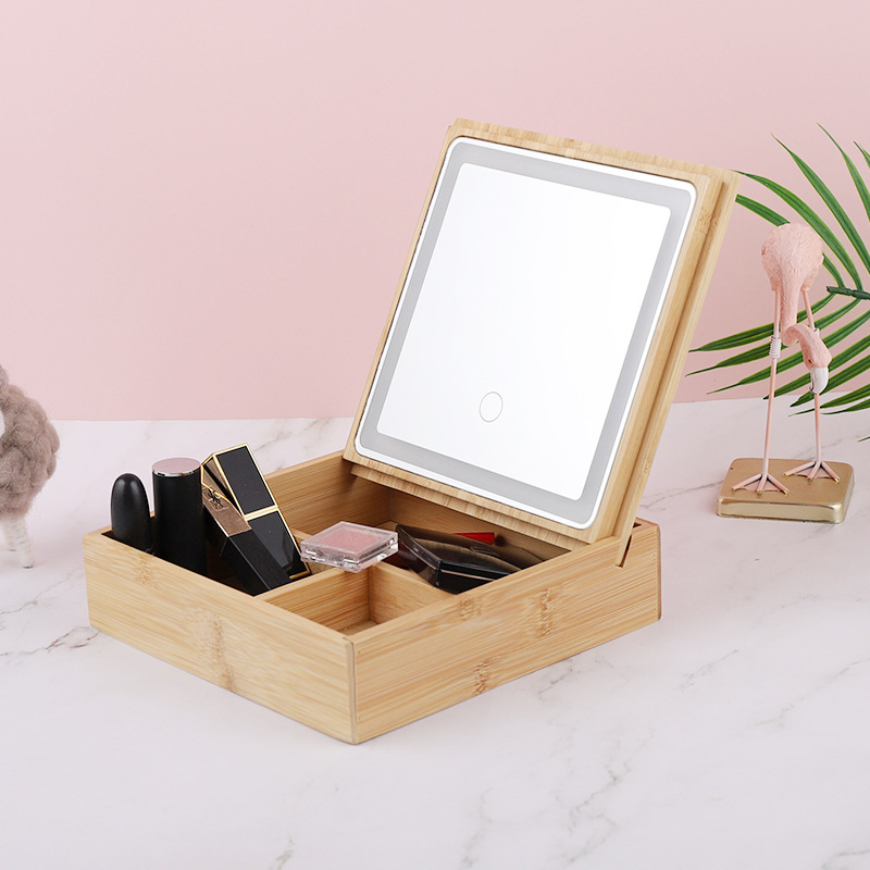 UNIQ 2-in-1 LED Mirror Jewelry Box/Organizer - Beautiful Bamboo Case for Makeup and Jewelry