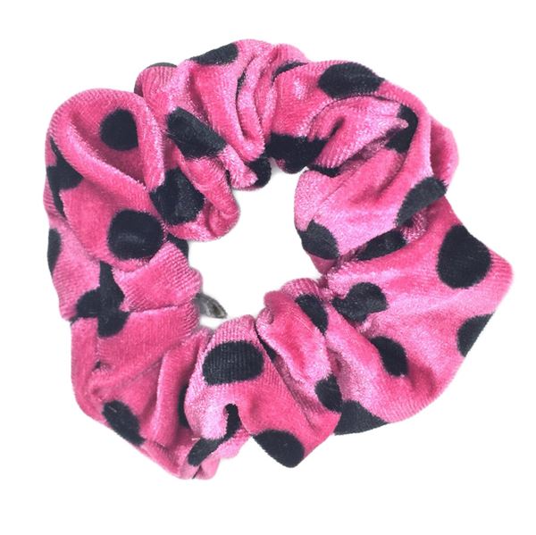 Scrunchie hair elastic, pink with black polka dots