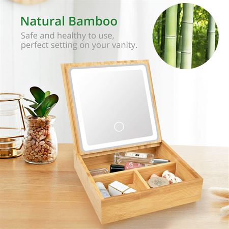 UNIQ 2-in-1 LED Mirror Jewelry Box/Organizer - Beautiful Bamboo Case for Makeup and Jewelry