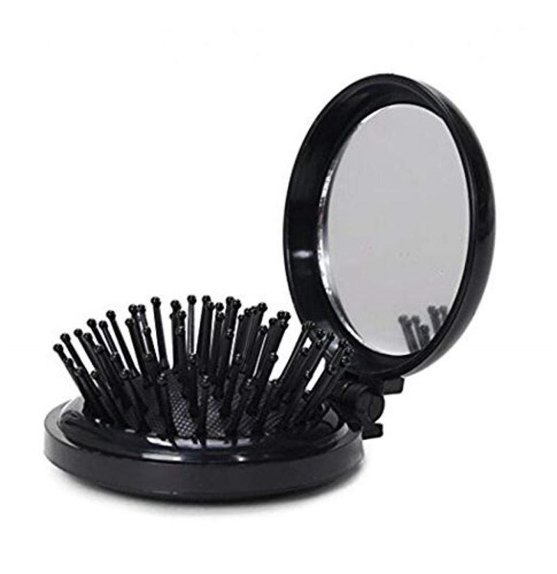 Compact Makeup Mirror with Brush - Black