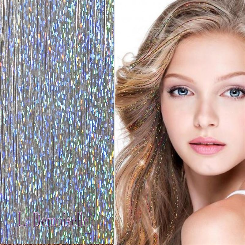 Bling Silver Glitter Hair Extensions 100 pcs Glitter Hair Strands 80 cm - Silver