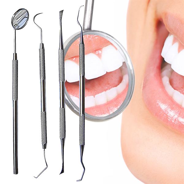 Dental Cleaning Set 4 pieces for Dental Hygiene - 1 Mouth Mirror, 2x Curette Tooth Cleaner, 1 Scraper