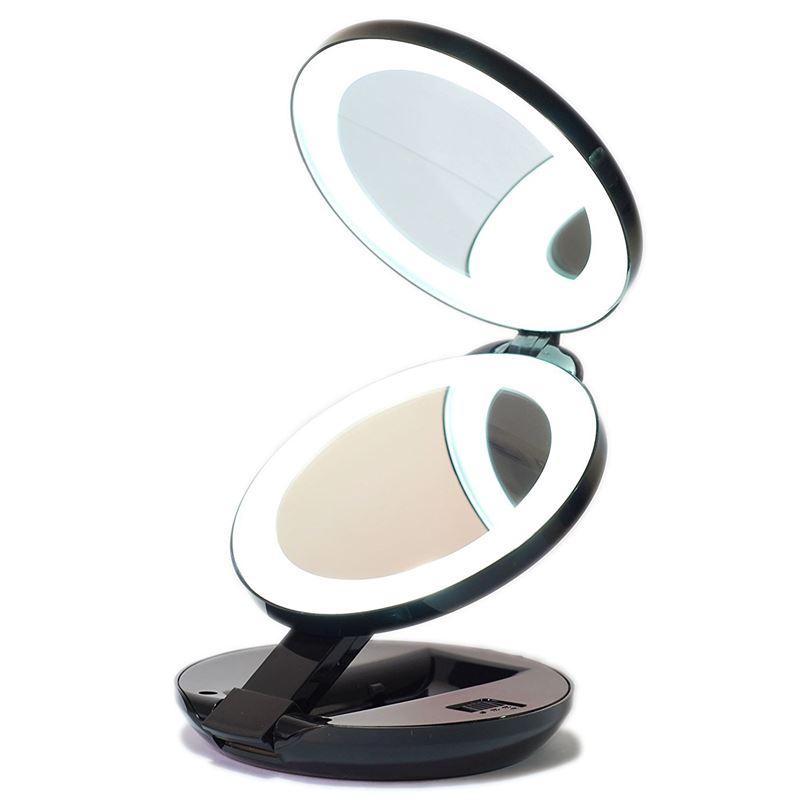 Compact double travel mirror with LED (10x magnification) - Black